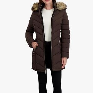 Laundry By Shelli Segal Dark Brown Puffer Coat with Faux Fur Hood